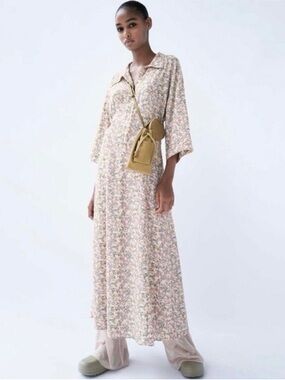 Zara Floral Print Midi Floral Print Button Short Sleeve Shirt Dress Extra Small